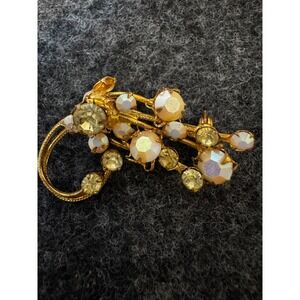 Vintage Aurora Borealis Rhinestone Floral Spray Brooch Gold Tone Mid Century